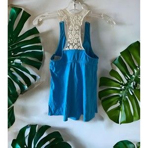 Lucky Brand Tankini Top Sz S Aqua Blue Beige Crochet Flyaway Swim Tank 173551